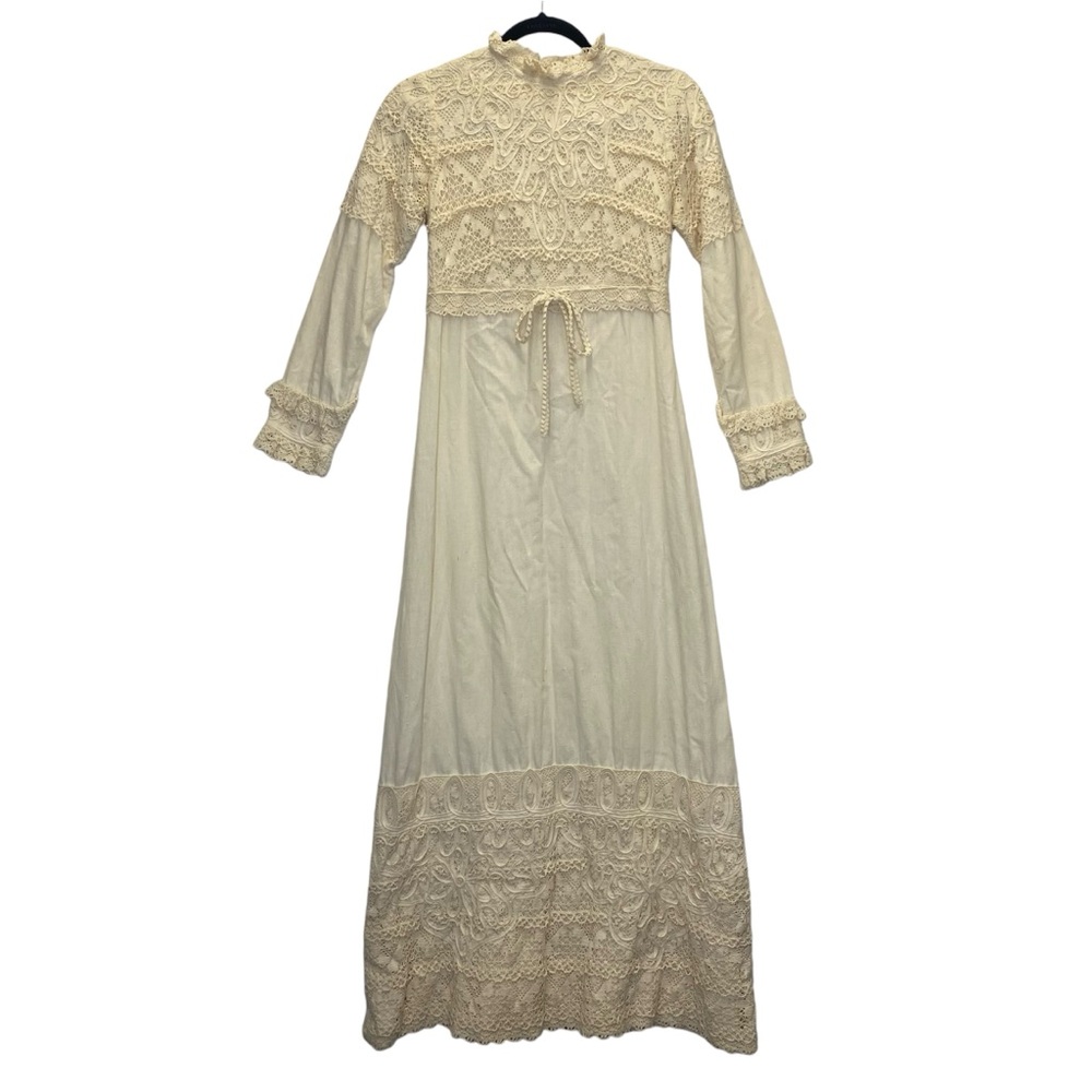 Vintage Gonzalo Bauer Girasol Mexican Tan Prairie Lace Long Sleeve Maxi Dress